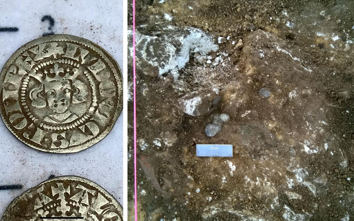 (Left) Silver pennies from the reigns of Edward I and II found in the hoard. (Right) Coins seen amid the dig site where the hoard was found. (SWNS)