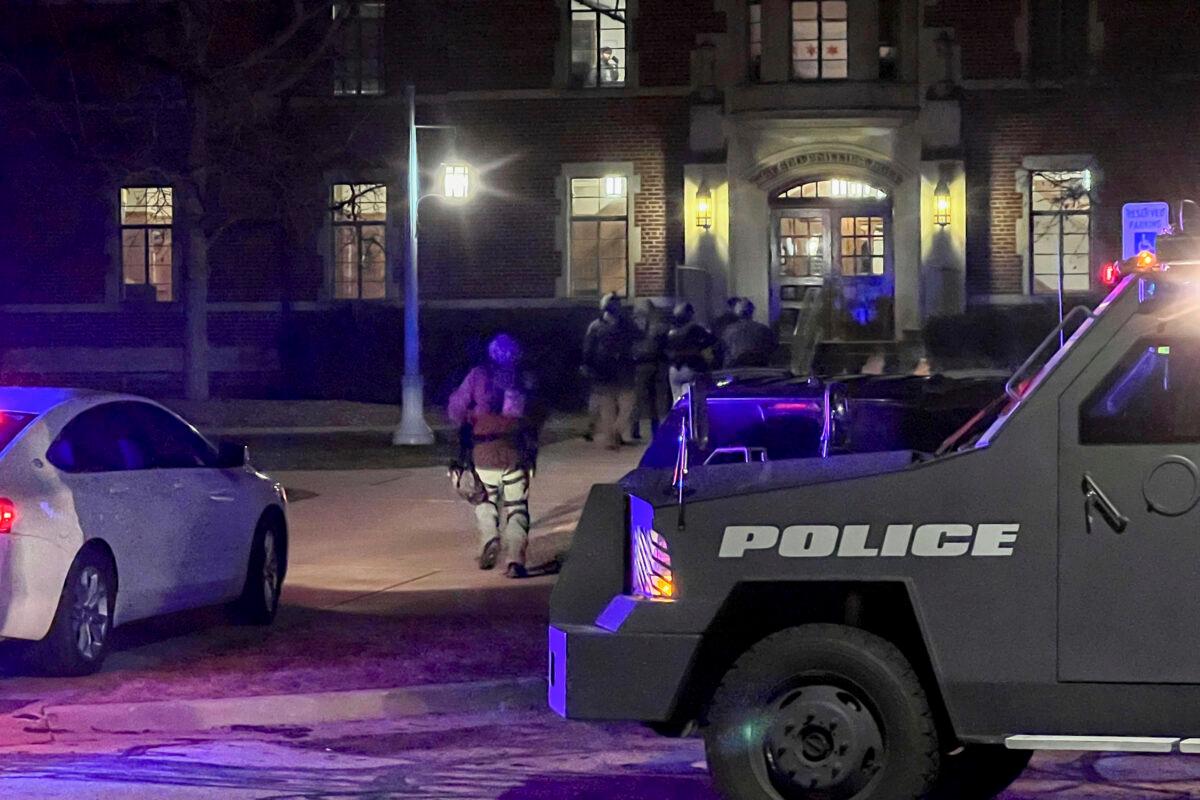 Police investigate the scene of a shooting on the campus of Michigan State University in East Lansing, Mich., on Feb. 13, 2023. (Al Goldis/AP Photo)