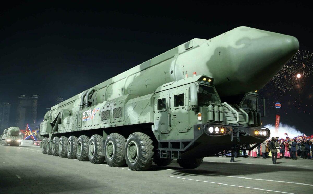 A screenshot from Rodong Sinmum of North Korea’s solid-fuel intercontinental ballistic missile (ICBM) on its Chinese-made or designed transporter erector launcher (TEL), revealed at a military parade in Pyongyang on Feb. 8, 2023. (Courtesy of Rick Fisher)
