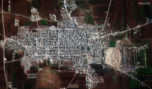 An overview of with damage to city buildings and the surrounding area after an earthquake in Jindires, Syria, on Feb. 11, 2023. (Satellite image ©2023 Maxar Technologies via AP)