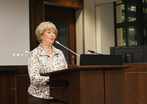 Liberal MP Judy Sgro speaks before the screening of award-winning documentary film "Eternal Spring" on Parliament Hill on Feb. 13, 2023. (Donna He/The Epoch Times)