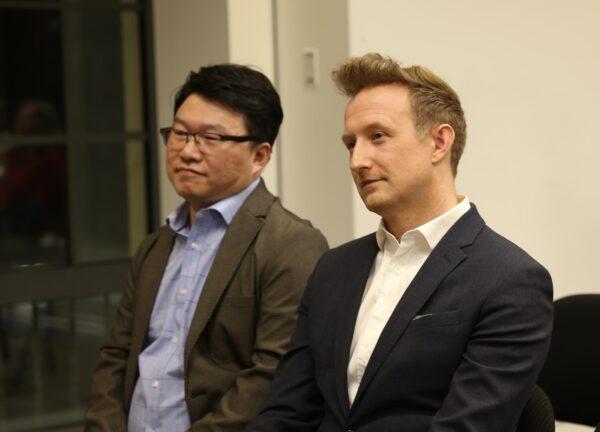 Filmmaker Jason Loftus and animation artist Daxiong attend a screening for the award-winning animated documentary film "Eternal Spring" on Parliament Hill on Feb. 13, 2023. (Donna He/The Epoch Times)