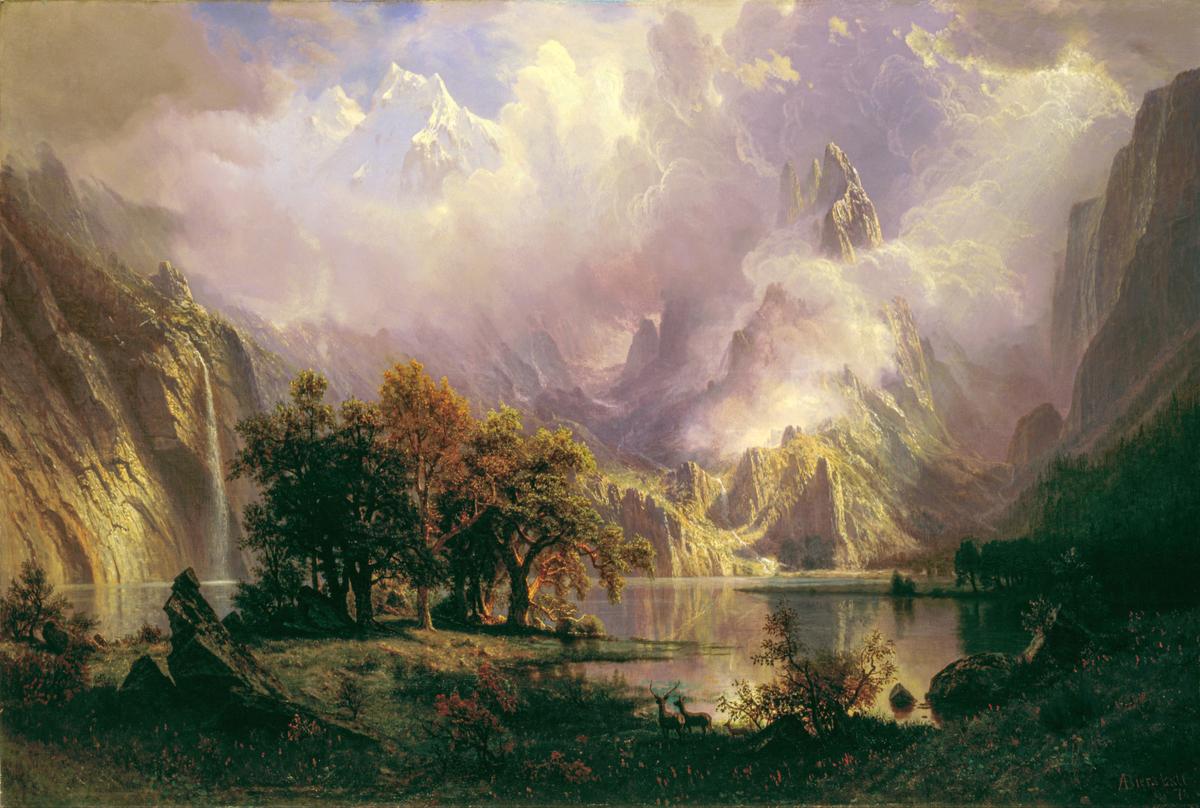 “Rocky Mountain Landscape,” 1870, by Albert Bierstadt. Oil on canvas; 36 3/5 inches by 54 3/34 inches. White House,<br/>Washington. (Public domain)