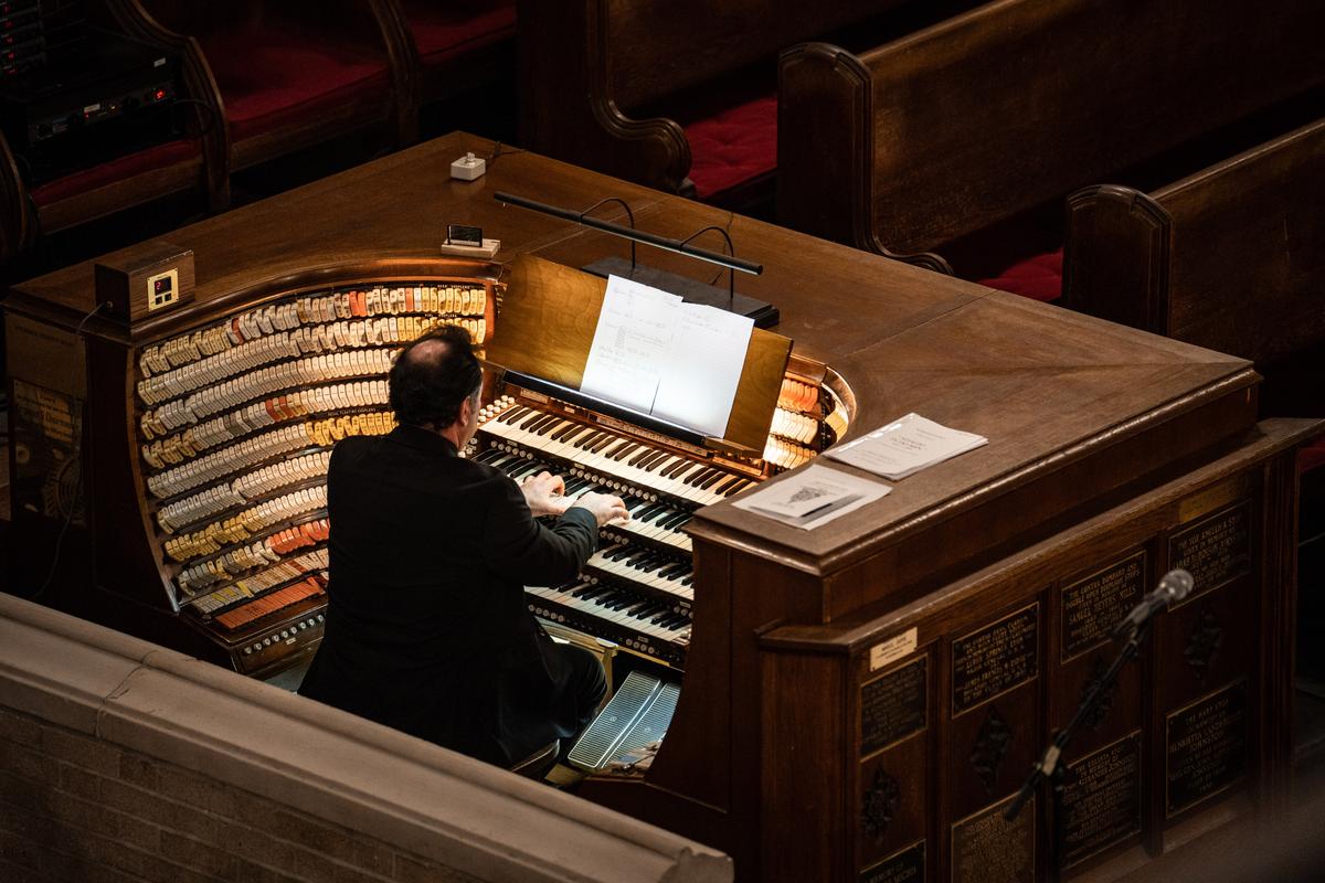 Salvatore Pronestì, internationally touring Italian concert organist, performs at the Cadet Chapel at West Point, N.Y., on Feb. 12, 2023. (Samira Bouaou/The Epoch Times)