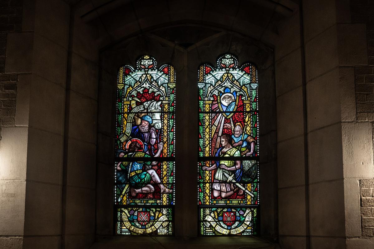 Stained glass windows at the Cadet Chapel in West Point, N.Y., on Feb. 12, 2023. (Samira Bouaou/The Epoch Times)