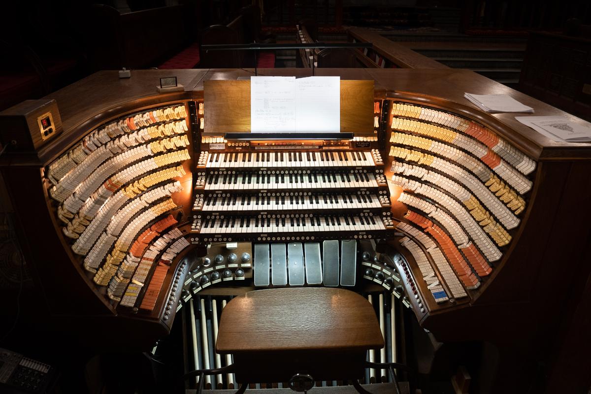 The console of the Cadet Chapel's organ at West Point, N.Y., on Feb. 12, 2023. (Samira Bouaou/The Epoch Times)