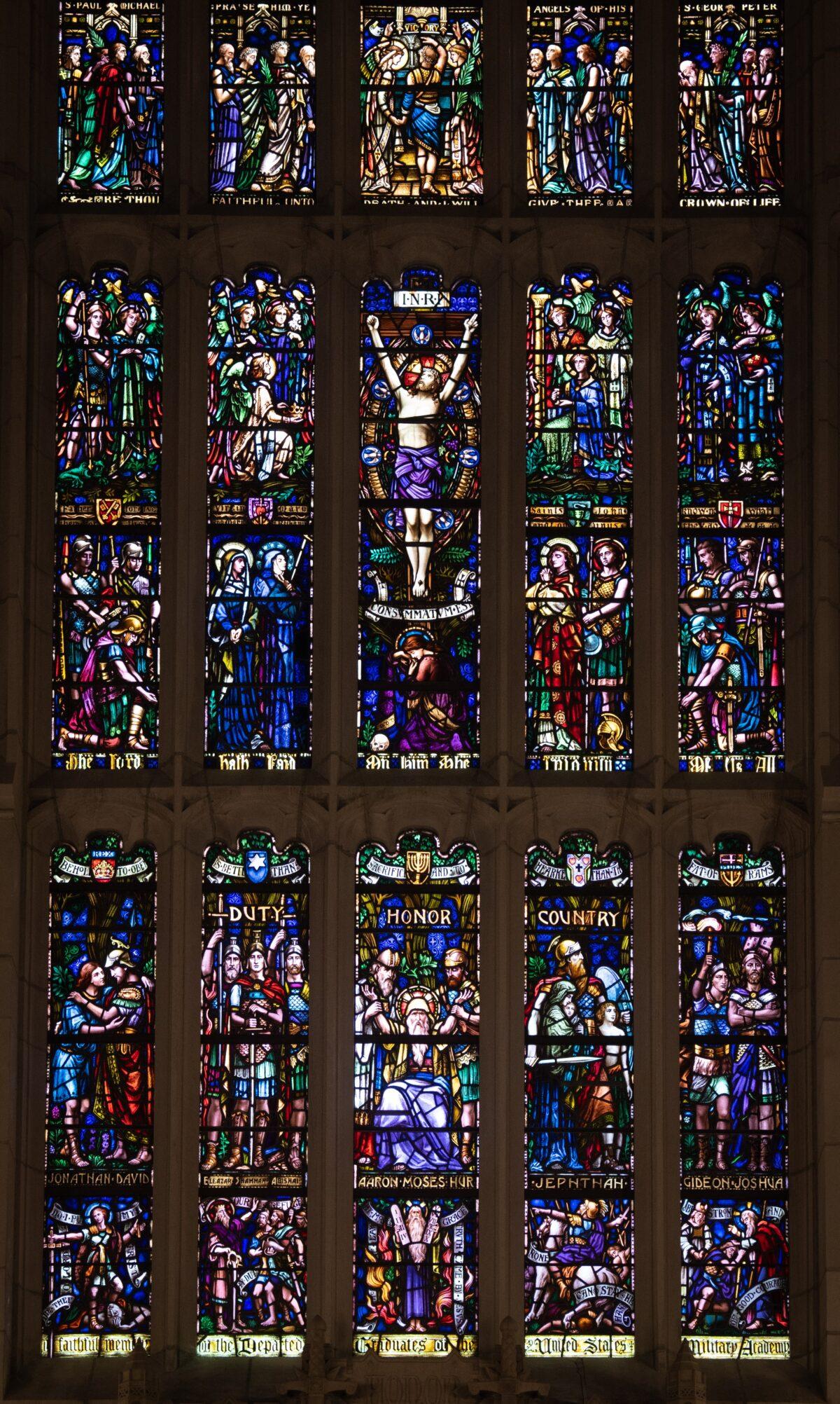 Stained glass windows at the Cadet Chapel in West Point, N.Y., on Feb. 12, 2023. (Samira Bouaou/The Epoch Times)