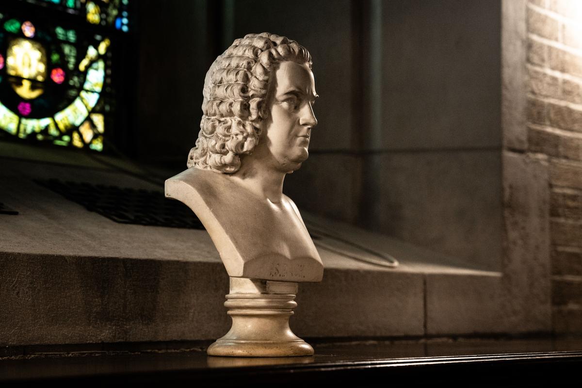A bust of composer Johann Sebastian Bach at the Cadet Chapel at West Point, N.Y., on Feb. 12, 2023. (Samira Bouaou/The Epoch Times)