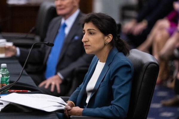 A file image of then FTC Commissioner nominee Lina M. Khan testifying during a Senate Commerce, Science, and Transportation Committee nomination hearing in Washington on April 21, 2021. (Graeme Jennings/Pool/Getty Images)