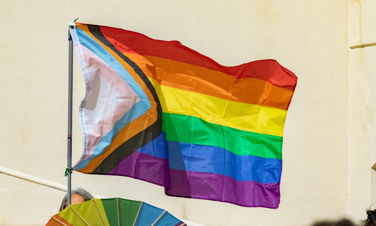 An LGBT flag flies in Huntington Beach, Calif., on Feb. 14, 2023. (John Fredricks/The Epoch Times)