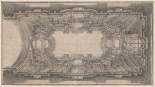 "Illusionistic Architecture for the Vault of St. Ignatius," 1685 or 1690, by Andrea Pozzo. Pen and gray and brown ink with gray wash on two joined sheets of heavy laid paper; 19 3/4 inches by 35 7/8 inches. Gift of Robert M. and Anne T. Bass, National Gallery of Art, Washington. (Public Domain)