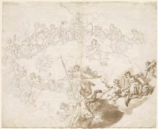 "The Triumph of Virtue and Divine Wisdom," 1736, by Livio Retti. Pen and brown ink with brown wash over graphite on laid paper; 17  1/2 inches by 21 1/4 inches. Wolfgang Ratjen Collection, Patrons' Permanent Fund, National Gallery of Art, Washington. (Public Domain)
