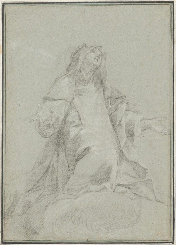 "Saint Catherine of Siena on a Cloud," circa 1696, by Luigi Garzi. Black chalk heightened with white chalk on blue laid paper; 15 1/4 inches by 10 5/8 inches. Purchased as the Gift of Robert B. Loper and Ailsa Mellon Bruce Fund, National Gallery of Art, Washington. (Public Domain)