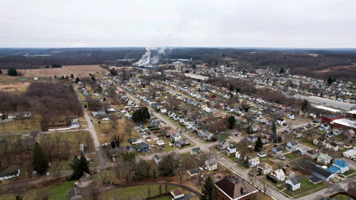 An aerial view shows a plume of smoke, following a train derailment that forced people to evacuate from their homes in East Palestine, Ohio, on Feb. 6, 2023. (Alan Freed/Reuters)