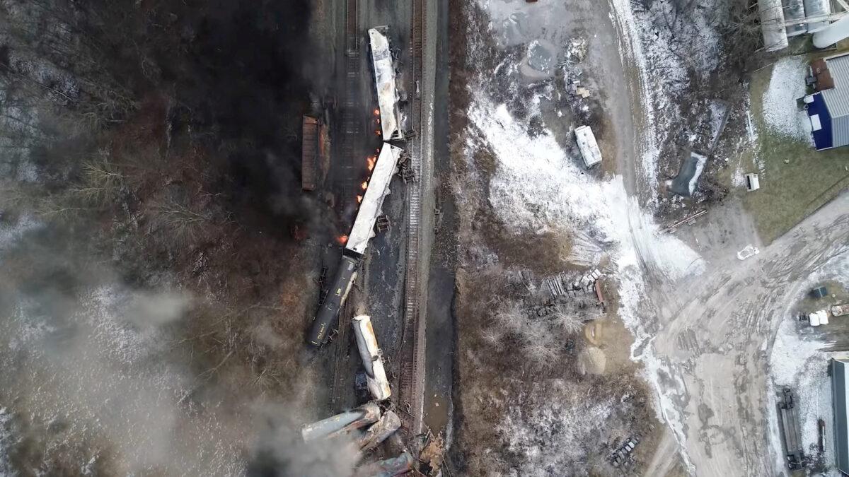 Drone footage shows the freight train derailment in East Palestine, Ohio, on Feb. 6, 2023, in this screengrab obtained from a handout video released by the NTSB. (NTSBGov/Handout via Reuters)