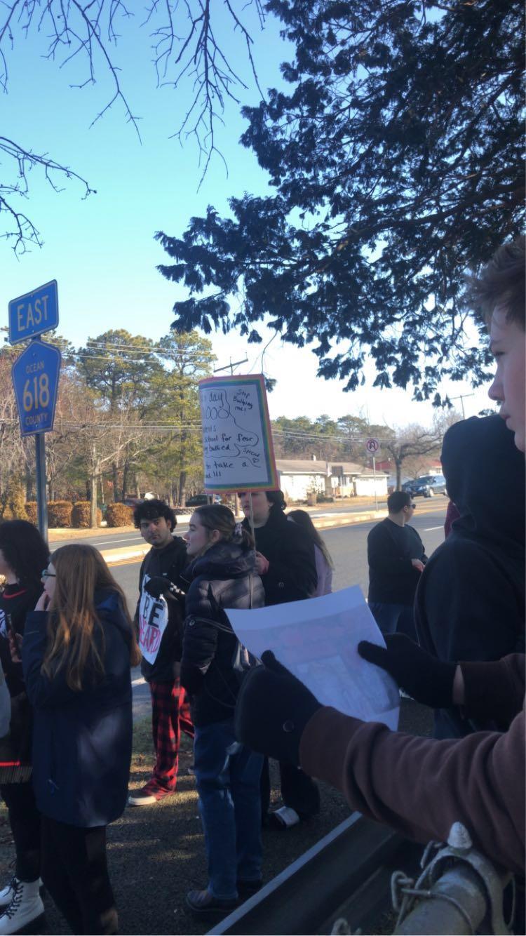 Students protest outside Central Regional High School the week of Feb. 5, 2023, in Bayville, N.J. (Courtesy of Meredith)