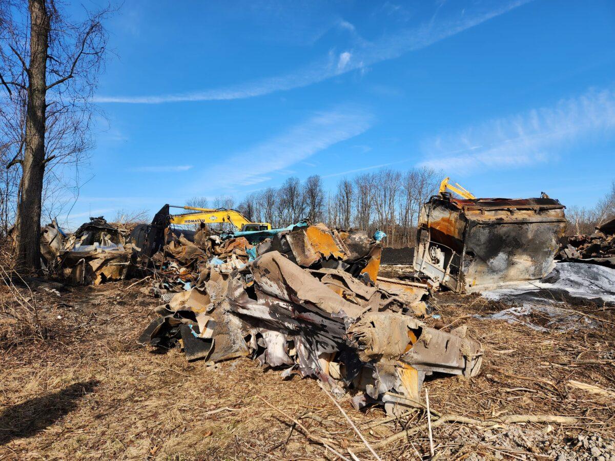 Cleanup continues at the site of the Norfolk Southern Railway train derailment in East Palestine, Ohio. (Jeff Louderback/The Epoch Times)