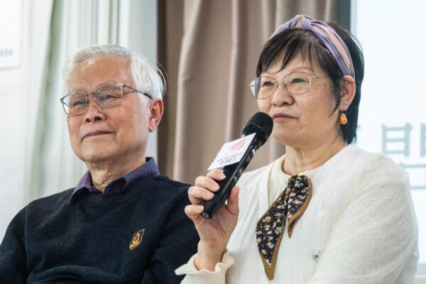 Ben Kwok and Pauline Wong, met many years ago during a church retreat and have lived together happily ever since, Pauline said at the HK Romance Dating press conference in Mongkok on Feb 14, 2023. (Benson Lau/The Epoch Times)