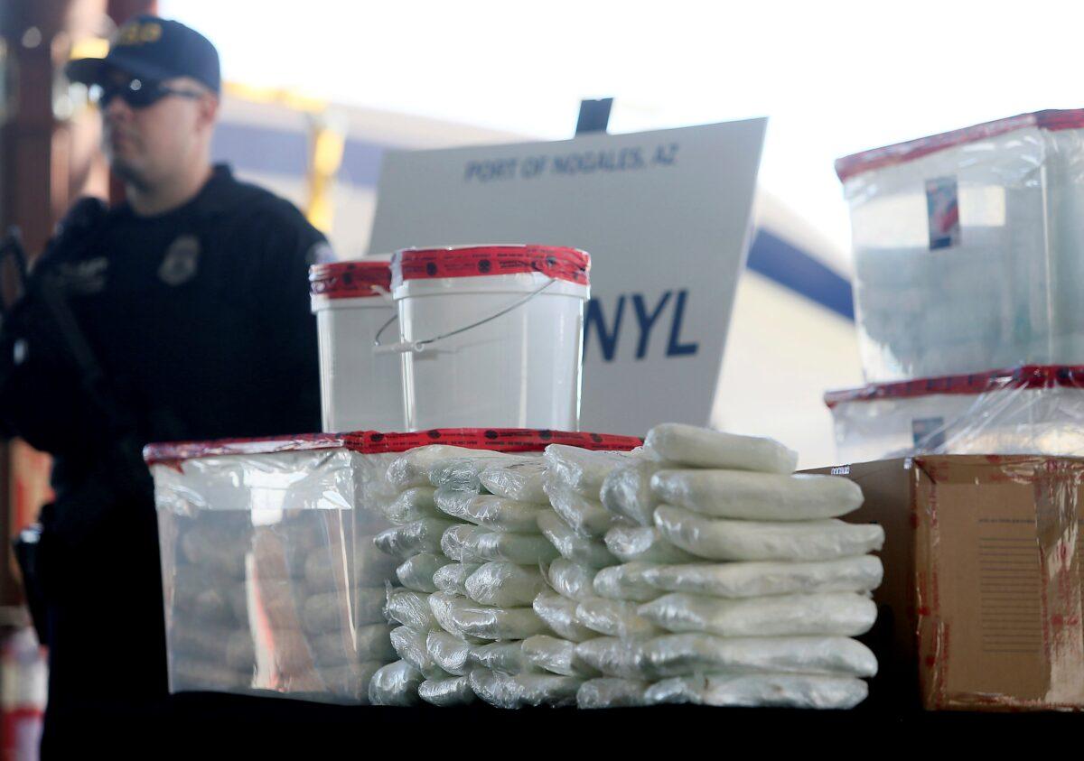 A display of the fentanyl and meth seized by U.S. Customs and Border Protection officers at the Nogales Port of Entry is pictured during a press conference in Nogales, Ariz., on Jan. 31, 2019. (Mamta Popat/Arizona Daily Star via AP)
