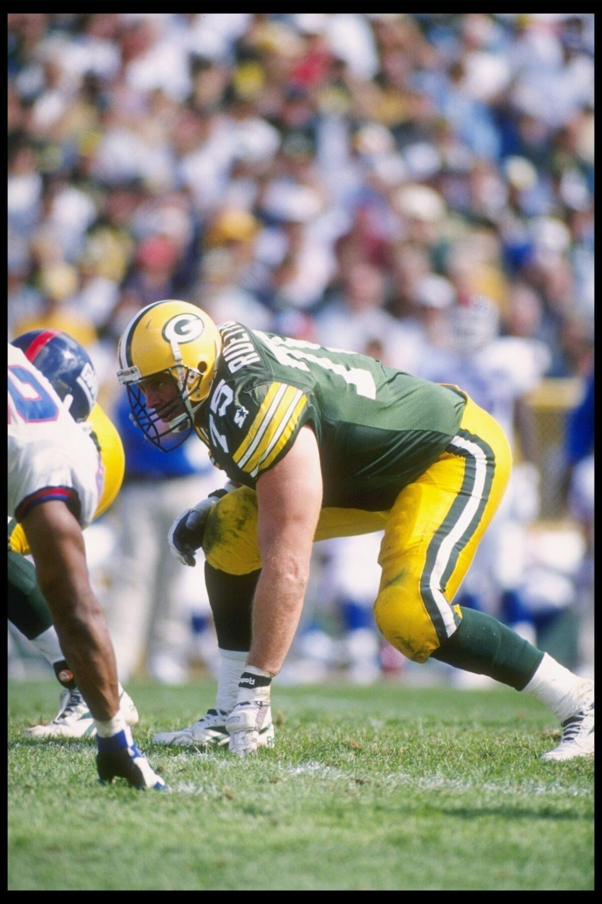 Ken Ruettgers of the Green Bay Packers in his stance during a game in Green Bay, Wis., on Sept. 17, 1995. (Jonathan Daniel/Allsport)