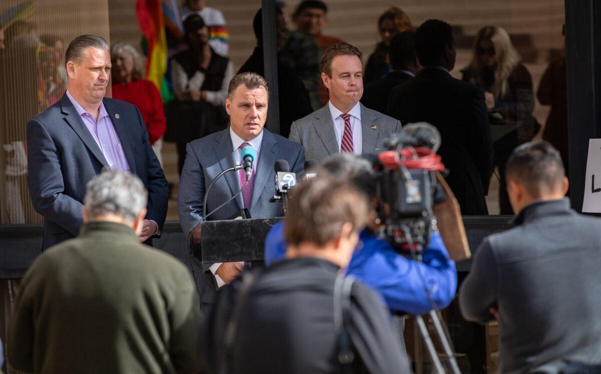 Huntington Beach city officials gather with residents to challenge state housing laws in Huntington Beach, Calif., on Feb. 14, 2023. (John Fredricks/The Epoch Times)