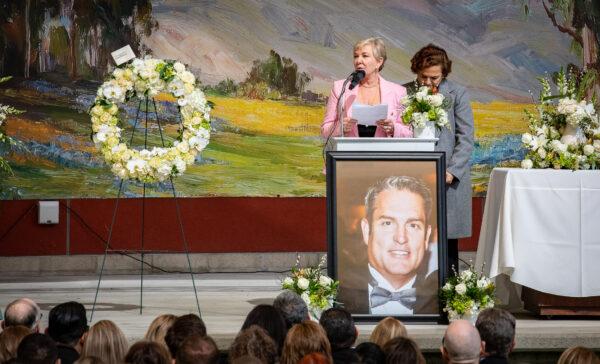 Julie Mammone, the wife of the late Dr. Michael John Mammone, speaks at the funeral service of her husband in Laguna Beach, Calif., on Feb 16., 2023. (John Fredricks/The Epoch Times)
