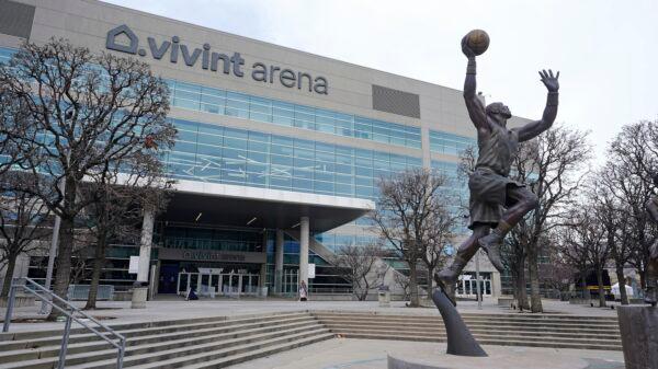 A statue of former Utah Jazz player Karl Malone is shown in front of the Vivint Arena before the start of the NBA basketball All-Star weekend in Salt Lake City on Feb. 15, 2023. (Rick Bowmer/AP Photo)