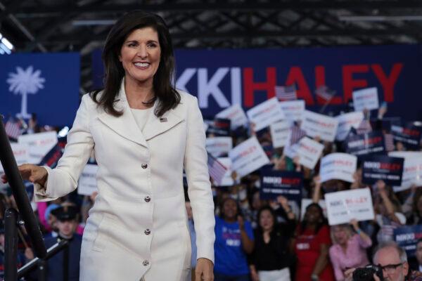 Republican presidential candidate Nikki Haley arrives on stage at her first campaign event, in Charleston, S.C., on Feb. 15, 2023. (Win McNamee/Getty Images)