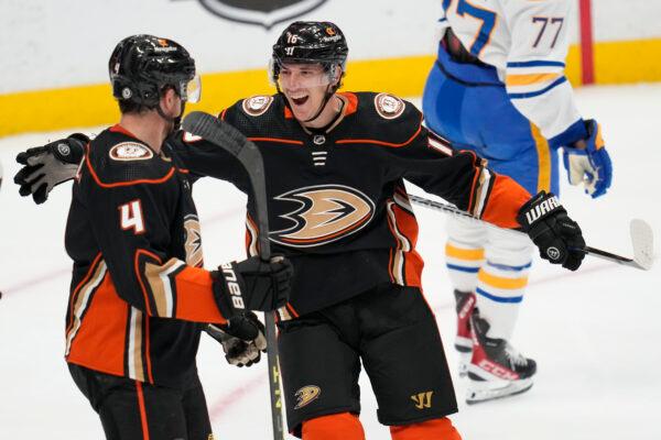 Anaheim Ducks center Ryan Strome (16) celebrates with defenseman Cam Fowler (4) after scoring during the second period of an NHL hockey game against the Buffalo Sabres in Anaheim, Calif., on Feb. 15, 2023. (Ashley Landis/AP Photo)