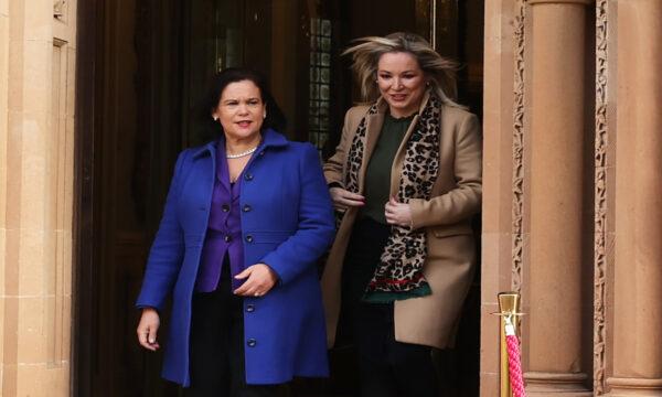Sinn Fein Party leader Mary Lou McDonald (L) and vice president Michelle O'Neill leaving the Culloden Hotel in Belfast on Feb. 17, 2023. Prime Minister Rishi Sunak is holding talks with Stormont leaders over the Northern Ireland Protocol. (PA Media)