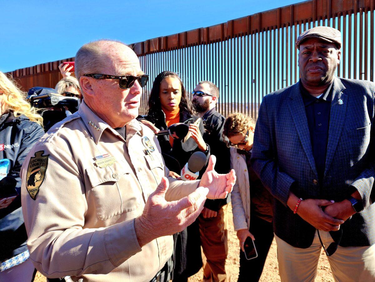  Cochise County Sheriff Mark Dannels talks about the fentanyl crisis emanating at the southern border in Arizona on Feb. 16, 2023. (Allan Stein/The Epoch Times)