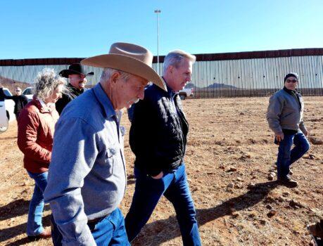 Fourth-generation rancher John Ladd of Arizona and House Speaker Kevin McCarthy (R), discuss the impact of illegal immigration on local ranchers during a congressional delegation tour of the southern border wall in Arizona, on Feb. 16, 2023. (Allan Stein/The Epoch Times)
