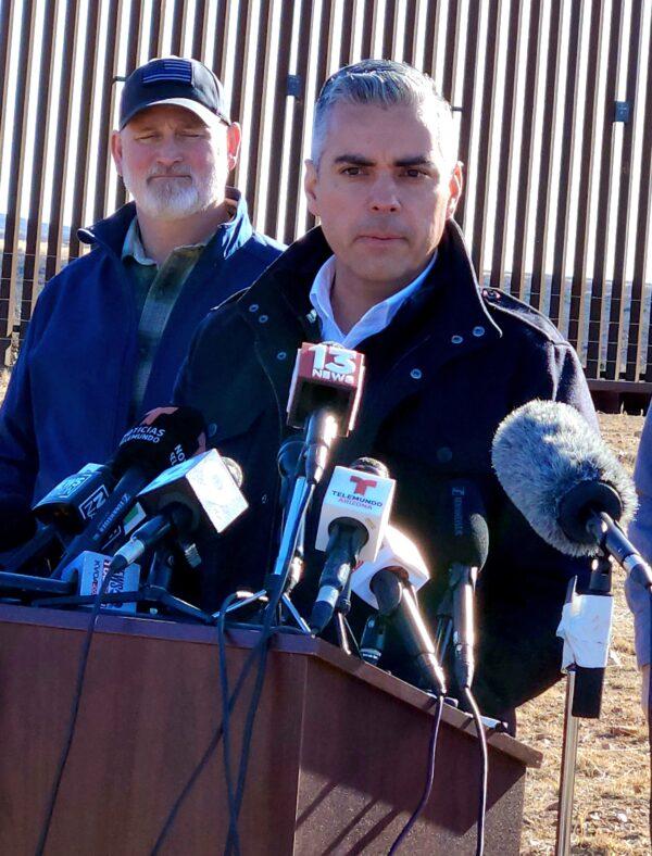 U.S. Rep. Juan Ciscomani (R-Ariz.) addresses the media at the southern border wall in the U.S. Customs and Border Patrol's Tucson District on Feb. 16, 2023. (Allan Stein/The Epoch Times)
