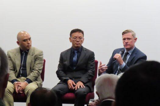 Dr. Sean Lin (L), U.S. Army veteran and microbiologist alongside Chinese defector Chen Yonglin and chair of the Liberal Party's Defence Policy branch Lincoln Parker who is speaking at a panel of The Final War documentary screening in Sydney, Australia on Feb. 16, 2023. (Cindy Li/The Epoch Times)