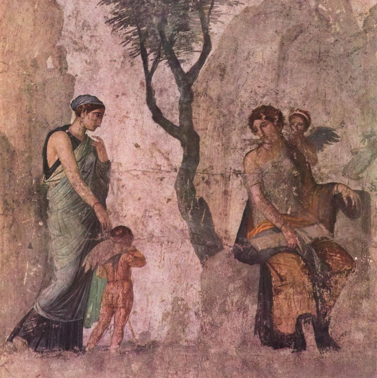 A weeping Eros is brought back by a maid to his mother Venus who had punished him for igniting Mars’s desire for another woman. “Eros Punished,” circa 25 B.C., by a Pompeian painter. National Archaeological Museum of Naples, Italy. (Public Domain)
