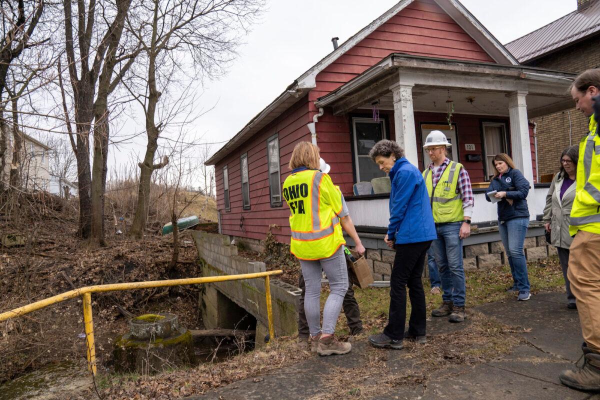 Ohio EPA officials tour the damage in East Palestine, Ohio, on Feb. 16, 2023. (Lucy Schaly/Pittsburgh Post-Gazette via AP)