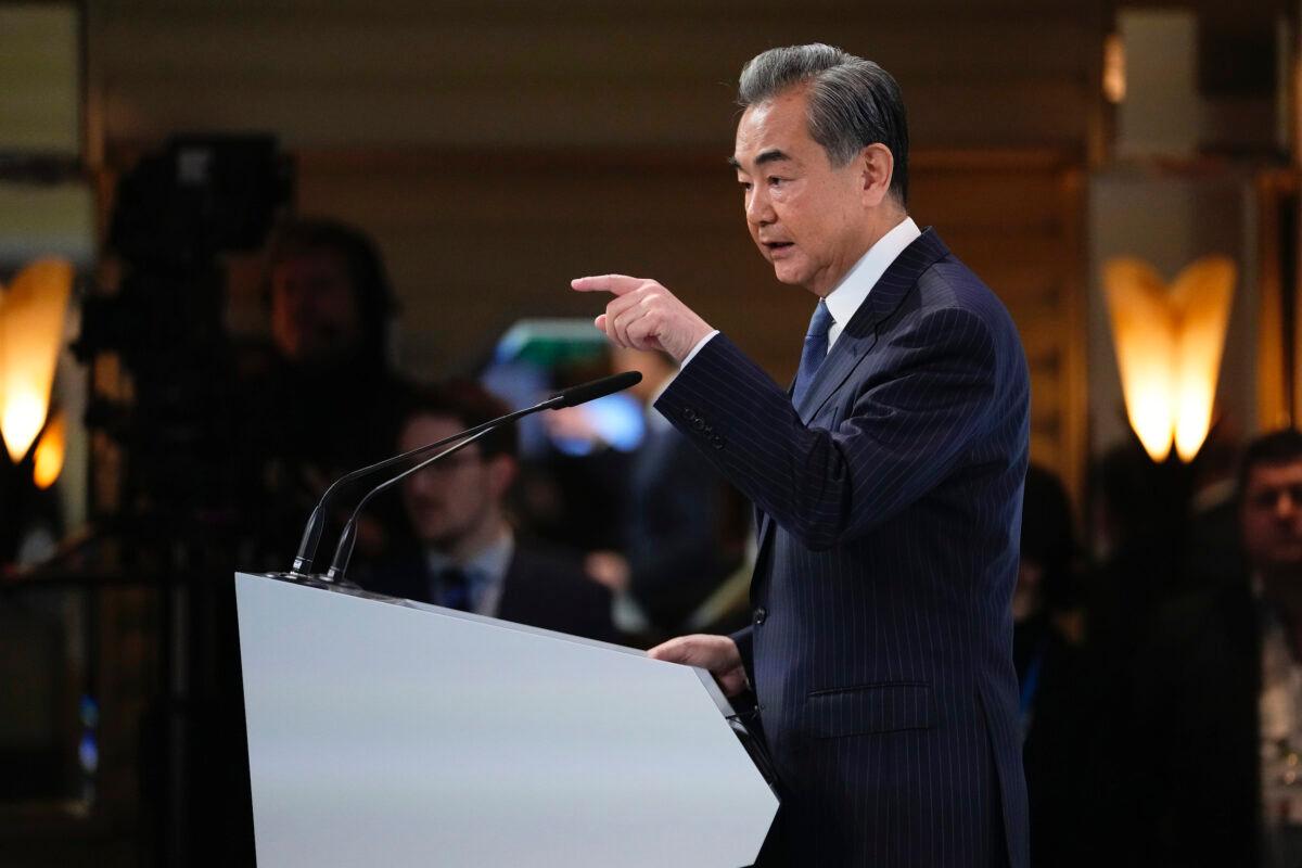 China's Director of the Office of the Central Foreign Affairs Commission Wang Yi speaks at the Munich Security Conference in Munich, on Feb. 18, 2023. (Petr David Josek/AP Photo)