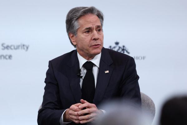 U.S. Secretary of State Antony Blinken speaks at the 2023 Munich Security Conference (MSC) in Germany on Feb. 18, 2023. (Johannes Simon/Getty Images)