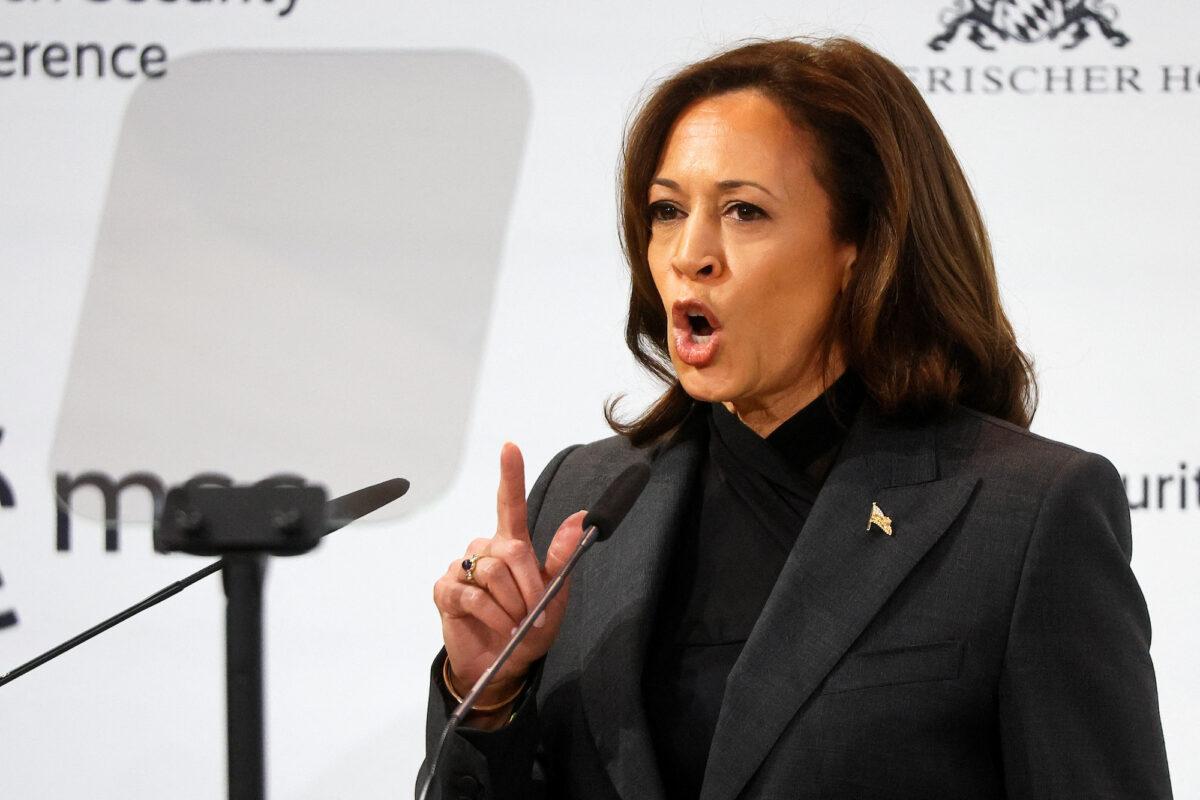 U.S. Vice President Kamala Harris speaks during the Munich Security Conference (MSC) in Germany, on Feb. 18, 2023. (Wolfgang Rattay/Reuters)