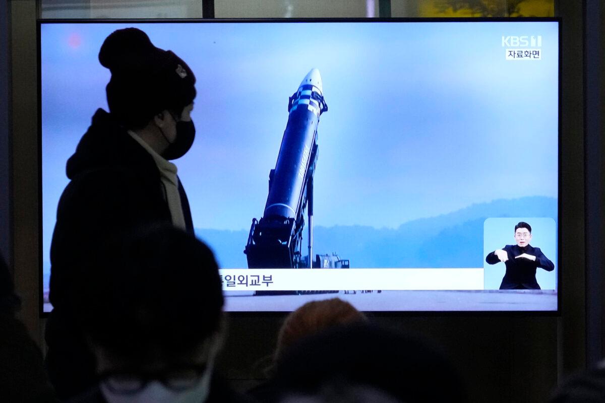 A TV screen shows a file image of North Korea's missile during a news program in Seoul, South Korea, on Feb. 18. 2023. (Ahn Young-joon/AP Photo)