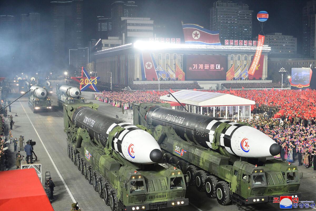 File photo provided by North Korean authorities shows Hwasong-17 intercontinental ballistic missiles during a military parade in Pyongyang, North Korea, on Feb. 8, 2023. (Korean Central News Agency/Korea News Service via AP, File)
