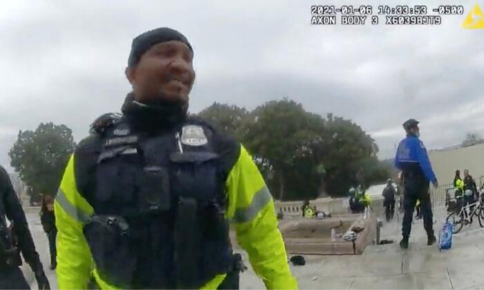 A Metropolitan Police Department officer states his belief that he and his colleagues were set up when protecting the west front of the Capitol on Jan. 6, 2021. (Metropolitan Police Department/Screenshot via The Epoch Times)