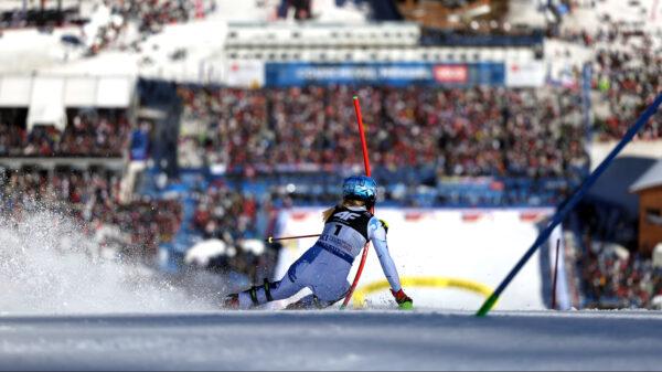 Mikaela Shiffrin of Team United States in action during the FIS Alpine World Cup Championships Women's Slalom in Courchevel Meribel, France, on Feb. 18, 2023. (Christophe Pallot/Agence Zoom/Getty Images)