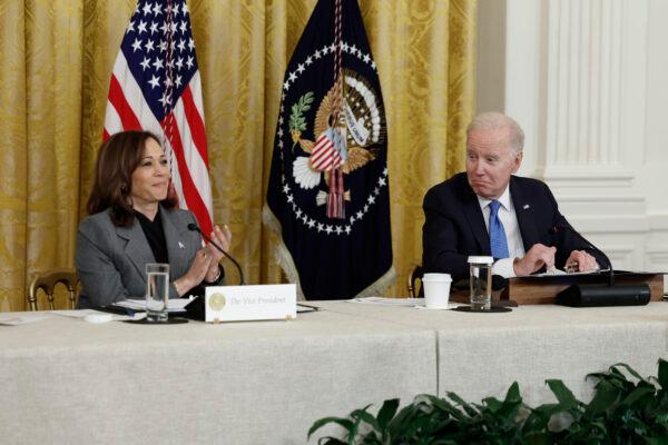 President Joe Biden and Vice President Kamala Harris participate in a meeting with governors visiting from states around the country in the East Room of the White House in Washington on Feb. 10, 2023. (Anna Moneymaker/Getty Images)