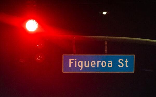 Figueroa street in Los Angeles on Feb. 8, 2023. (John Fredricks/The Epoch Times)