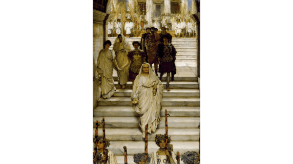 Titus, emperor of Rome in a difficult time, chooses forgiveness over punishment. "The Triumph of Titus: The Flavians," 1885, by Lawrence Alma-Tadema. (Public Domain)