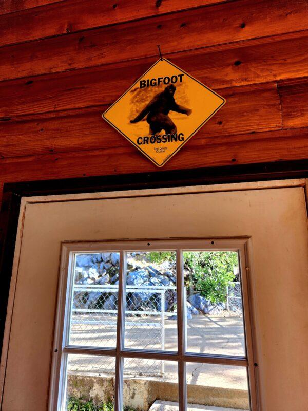 Local lore has it that Bigfoot makes the rounds at Shasta Lake, reinforced by this sign on Feb. 14, 2023. (Allan Stein/The Epoch Times)