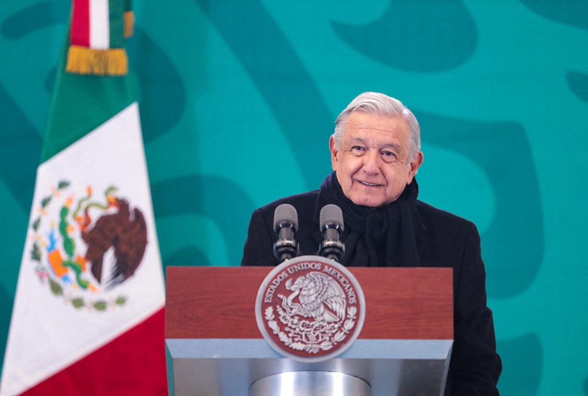 Mexican President Andres Manuel Lopez Obrador speaks during a news conference in Hermosillo, Mexico, on Feb. 17, 2023. (Mexico Presidency/Handout via Reuters)