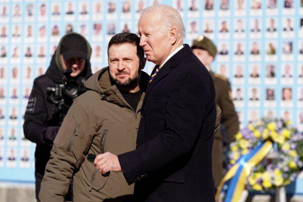 President Joe Biden (R) is greeted by Ukrainian President Volodymyr Zelenskyy (L) during a visit in Kyiv, Ukraine, on Feb. 20, 2023. (Dimitar Dilkoff/AFP/Getty Images)