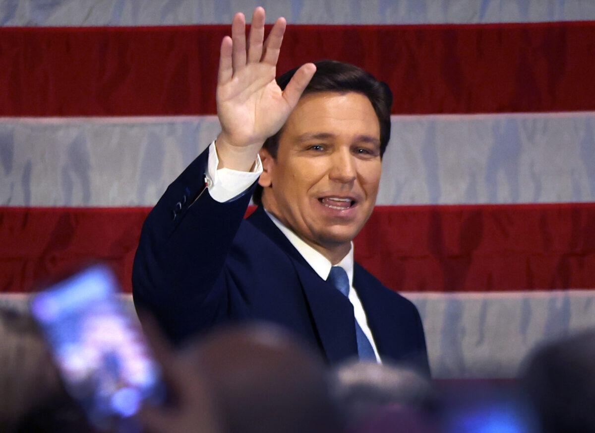 Florida Gov. Ron DeSantis waves as he speaks to police officers about protecting law and order in the Staten Island borough of New York City on Feb. 20, 2023. (Spencer Platt/Getty Images)